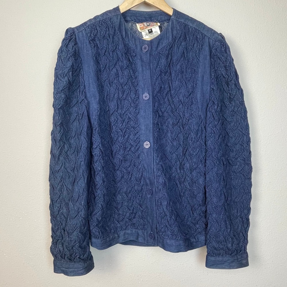 Gene Ewing BIS Denim Shacket Textured Blue Button Front Womens M Boho Artsy USA
